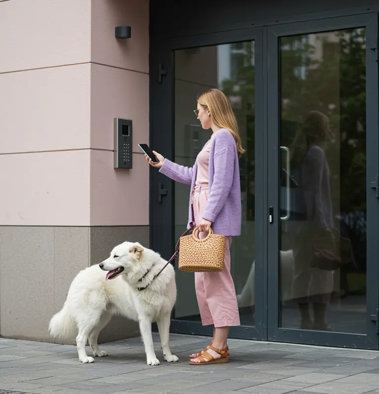 Moderne Zutrittskontrolle per Smartphone – sichere Lösungen für Gebäudezugang Junge Frau mit Hund öffnet den Eingang eines modernen Bürogebäudes per Smartphone an der Gegensprechanlage – Symbol für zeitgemäße Sicherheits- und Zutrittskontrollsysteme.